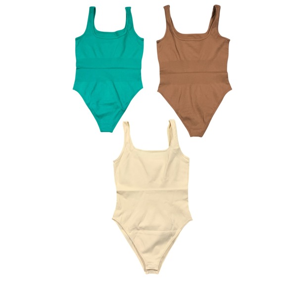 OQQ Womens 3 Piece Bodysuits Ribbed Square Neck Tank Tops Coffee Green Beige XL - Picture 6 of 7